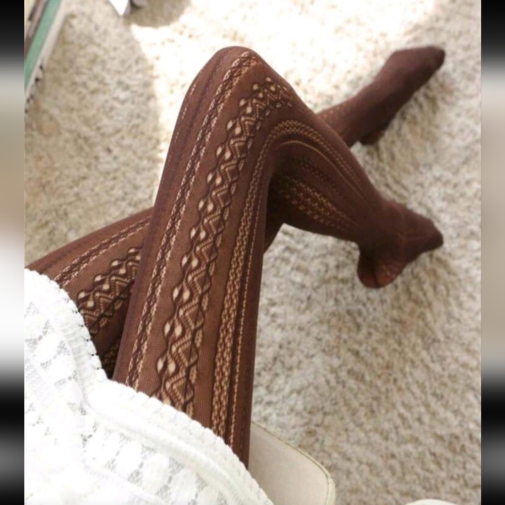 NWT, Elegant Brown Lace Patterned Women's Fishnet Tights, One Size